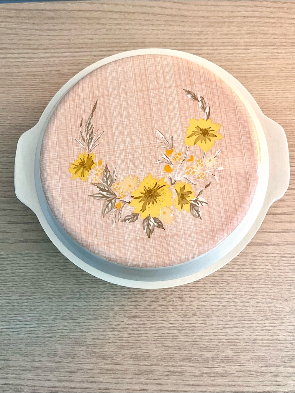 Vintage Bimbo Melamine Covered Casserole Dish Yellow Floral Plaid Lid ~8.5in